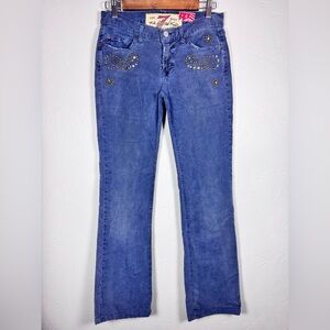 7 For All Mankind Vintage Blue Corduroy Low Rise Y2K Studded Flare Jeans Size 28